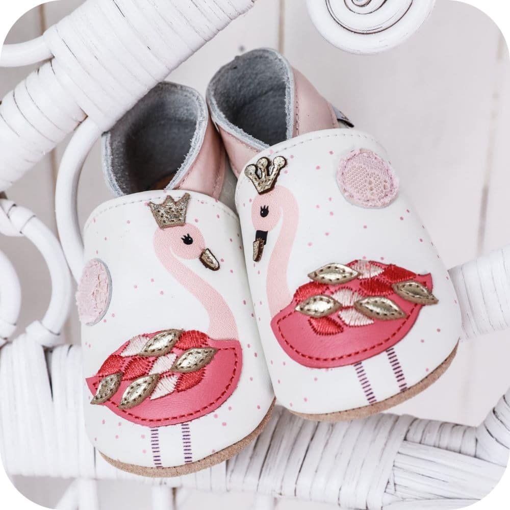 Zacht leren babyslofjes Roze flamingo's