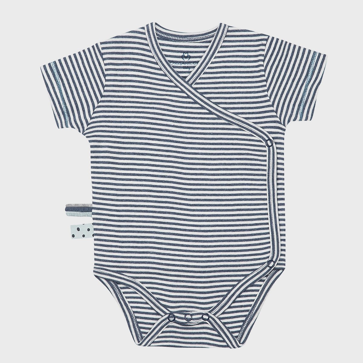 Wrap-body met korte mouwen – Gestreepte Indigo Melange